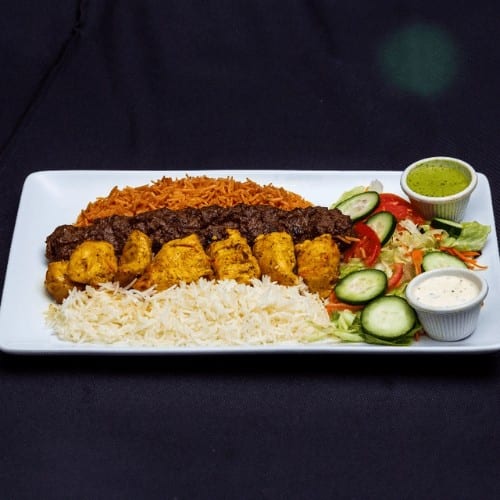 Kobeeda Beef & Chicken Kabob Combo Platter.