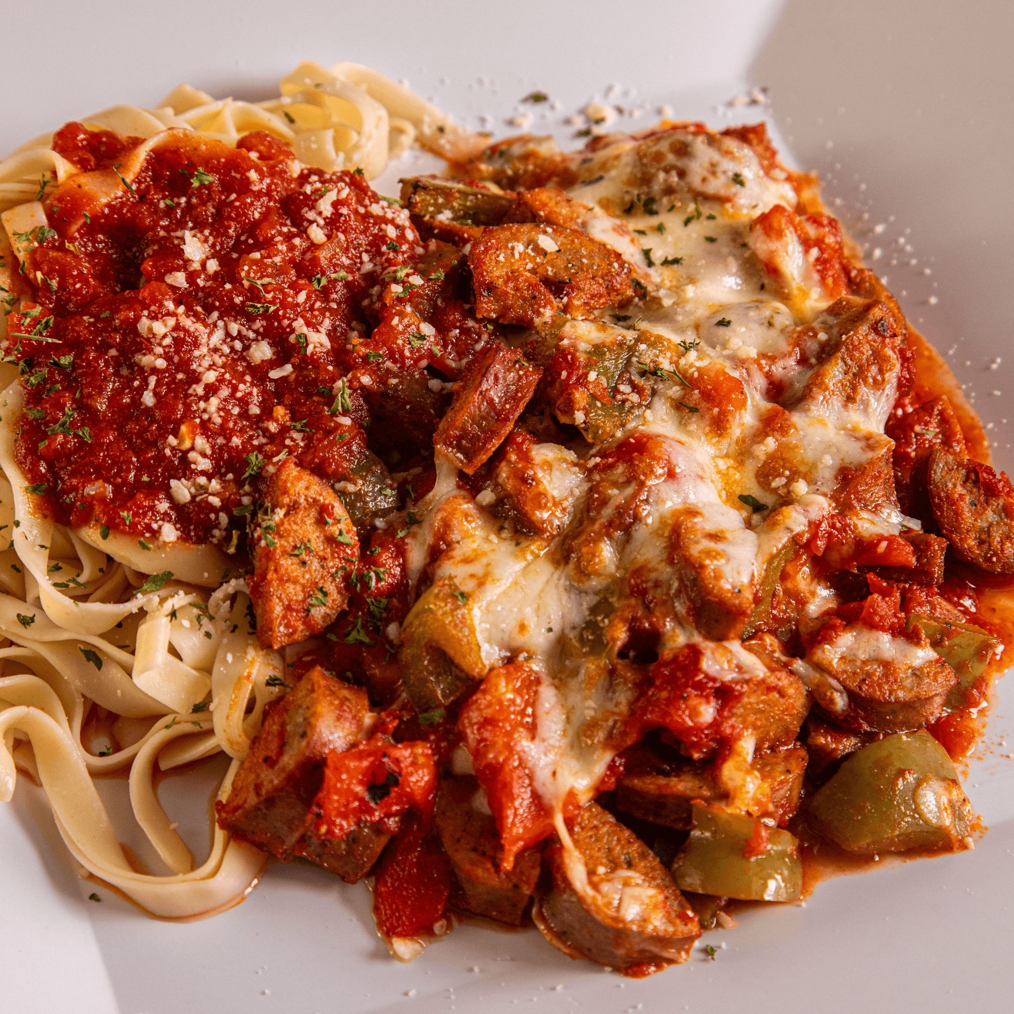 Sausage & Peppers Parmigiana.