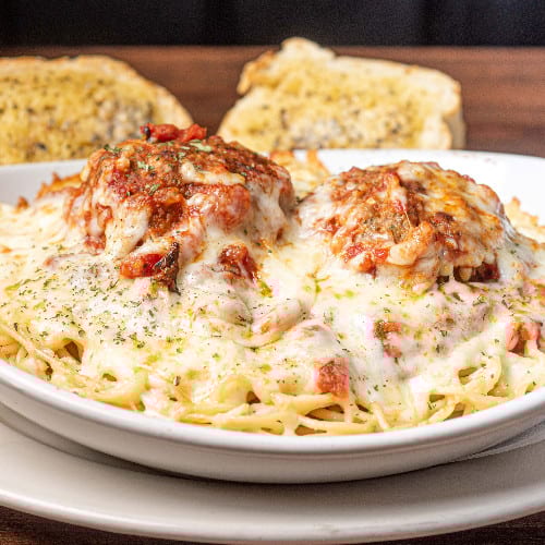 Baked Spaghetti and Homemade Meatballs Dinner.