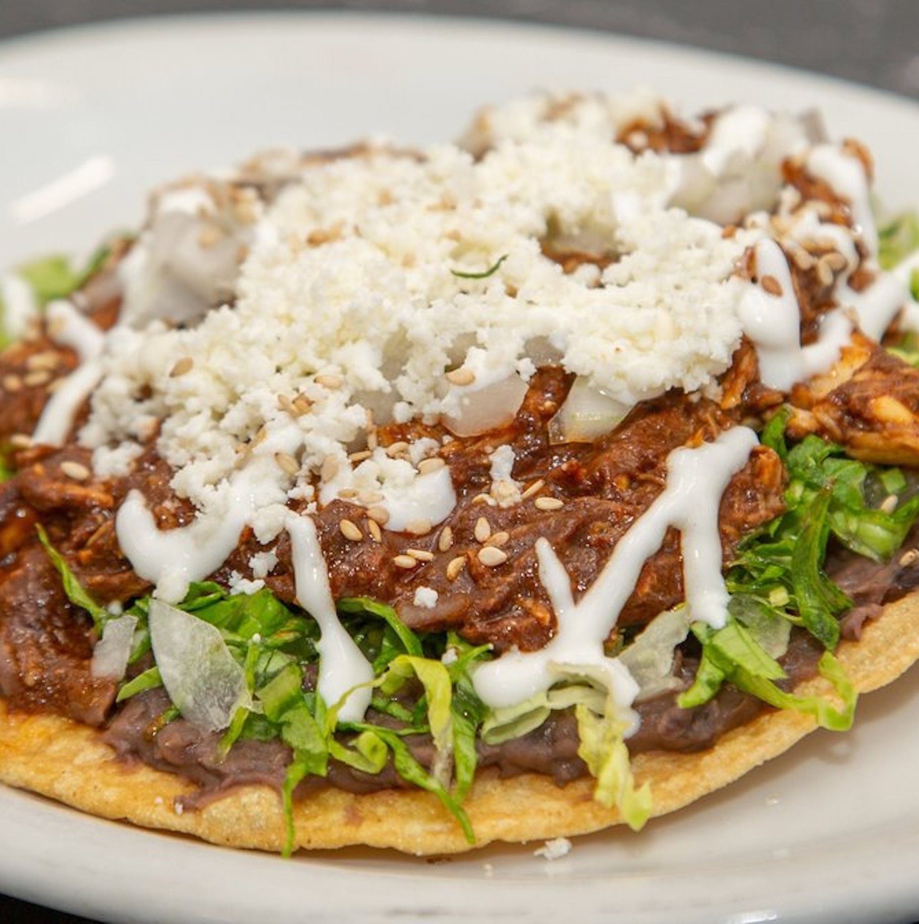 Tostada - Pollo en Mole Poblano.
