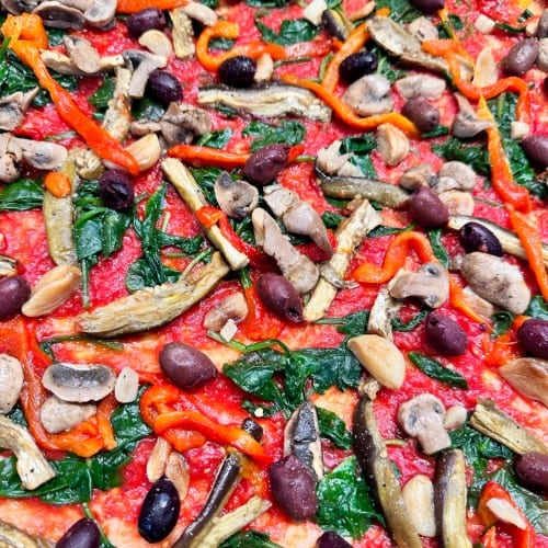 Roasted Eggplant Pizza With Roasted Red Pepper ( Red Sauce ).