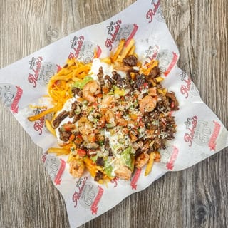 SURF & TURF FRIES - CHEESE, ASADA, SHRIMP ,GUAC, SOUR CREAM, QUESO