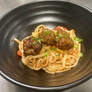 Duck Meatballs Over Udon Noodles