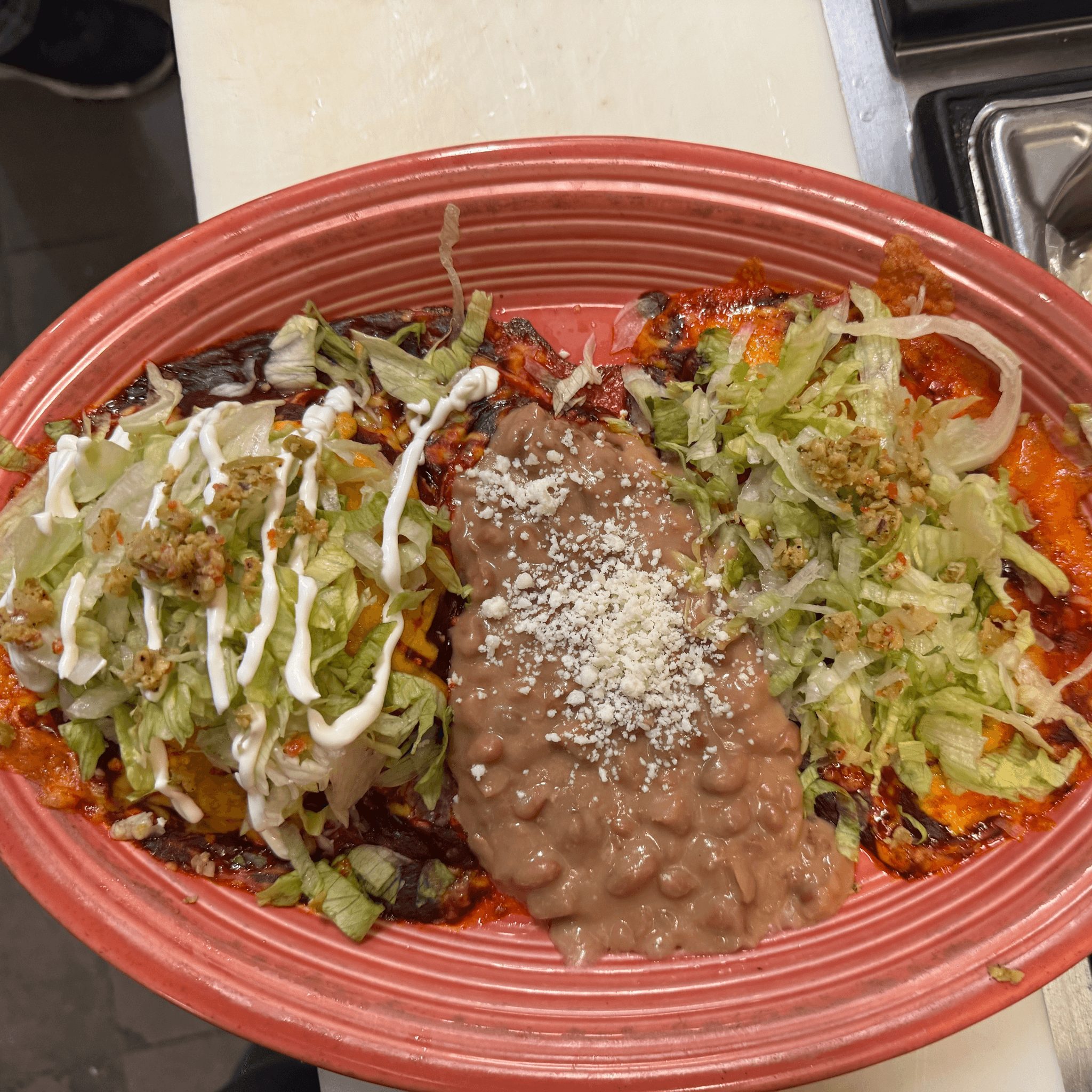 One Mini Chicken Enchilada Stack, One Cheese Enchilada.