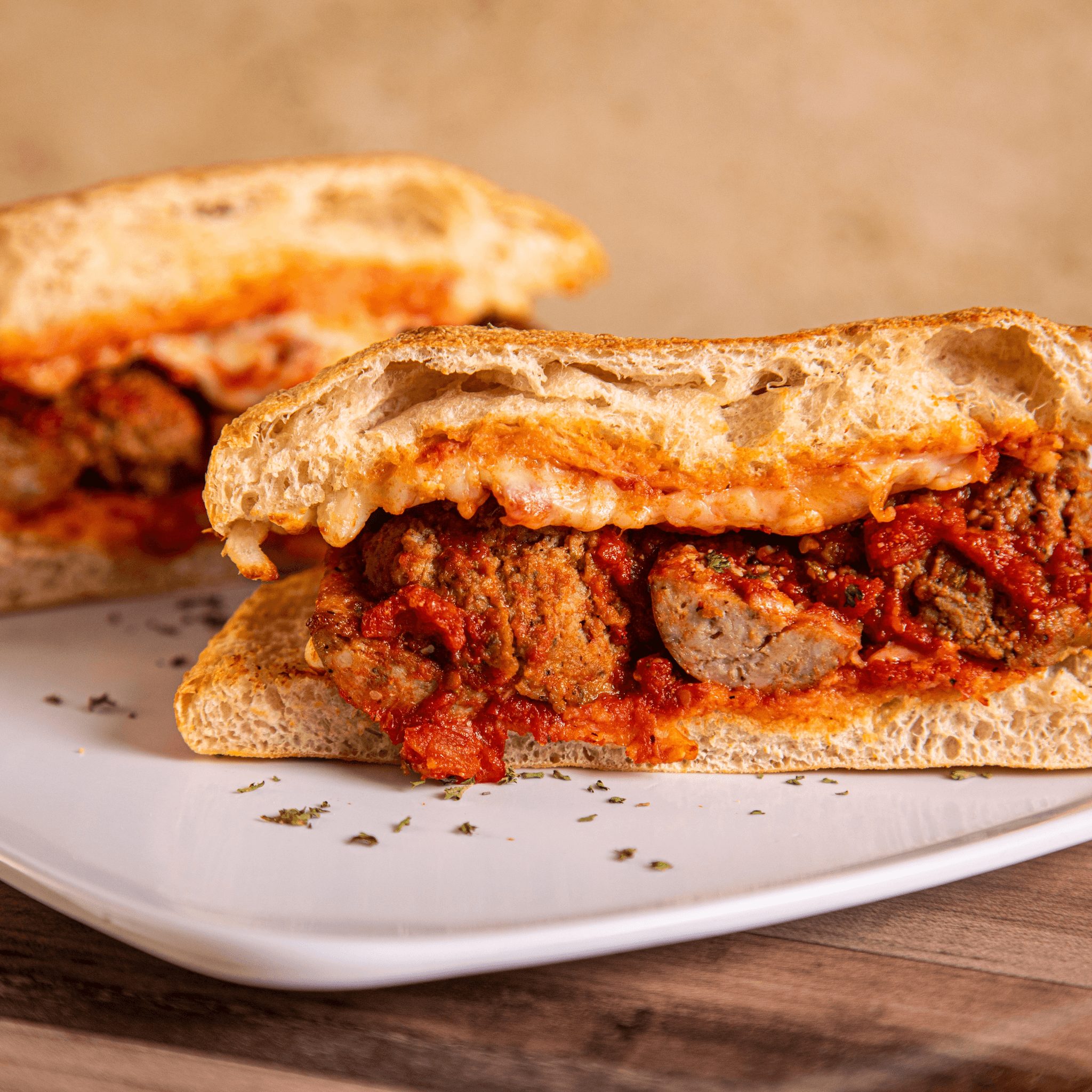 Sausage & Meatball Parmigiana Sandwich.