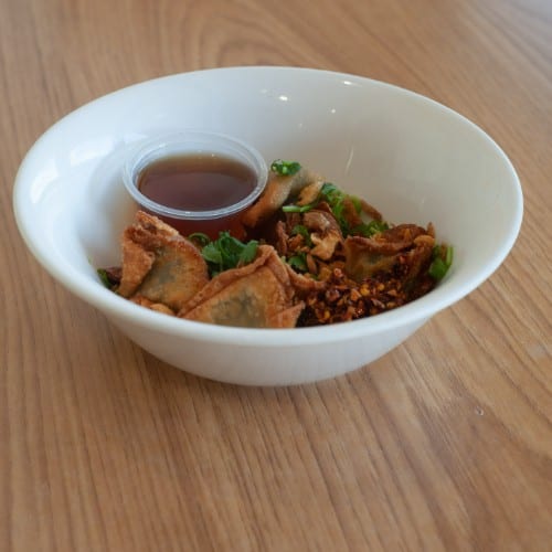 Fried Tofu Won Ton in Gluten Free Spicy Soy Sauce.