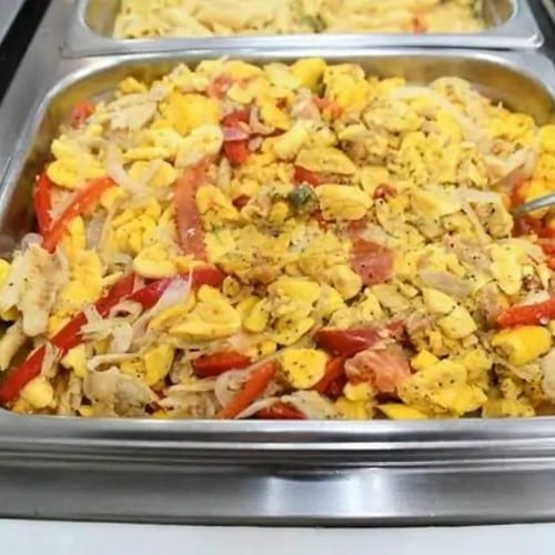 Ackee & Saltfish with Rice & Peas Cabbage and Plantains Served Daily.