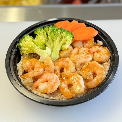 Grilled Teriyaki Shrimp Rice Bowl.