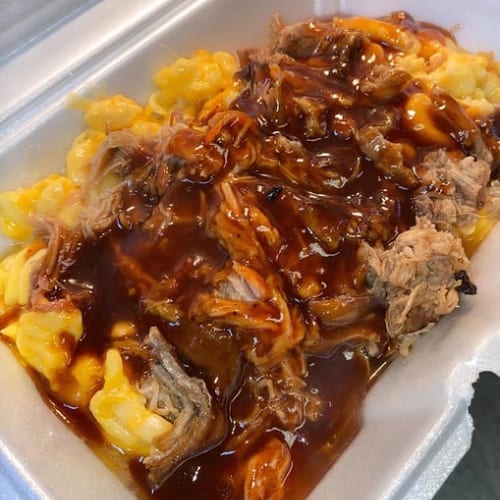 Mac Topped w/ Pulled Chicken.