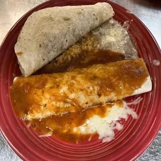 6. One Beef Enchilada, One Beef Taco, Rice & Beans