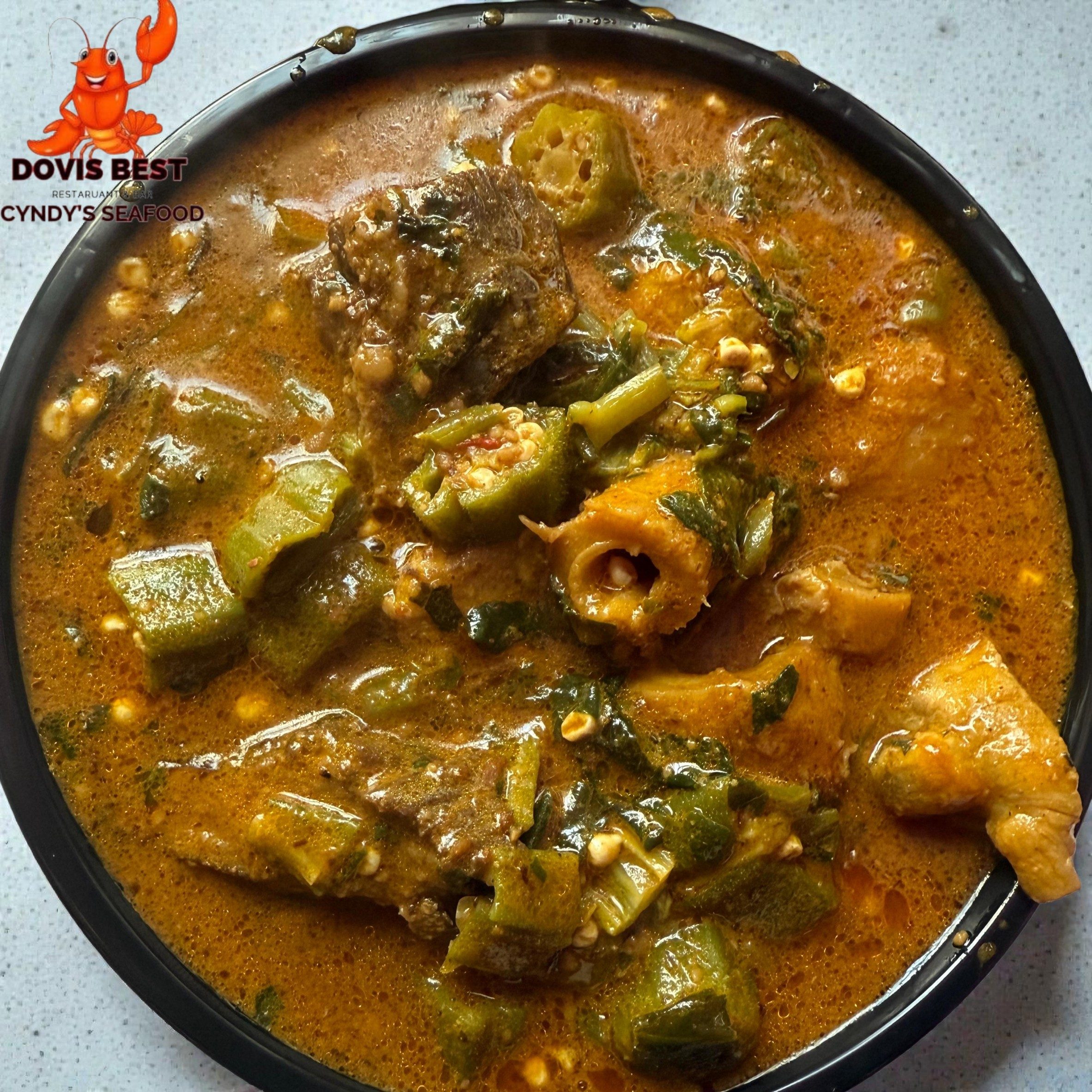 Okra Soup with Garri, Pounded Yams.