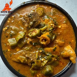 Okra Soup with Garri, Pounded Yams