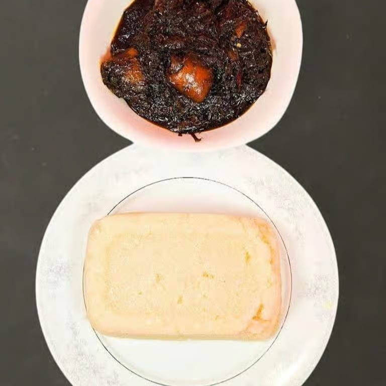 ERU Soup with Garri, Water Fufu or Pounded Yams.