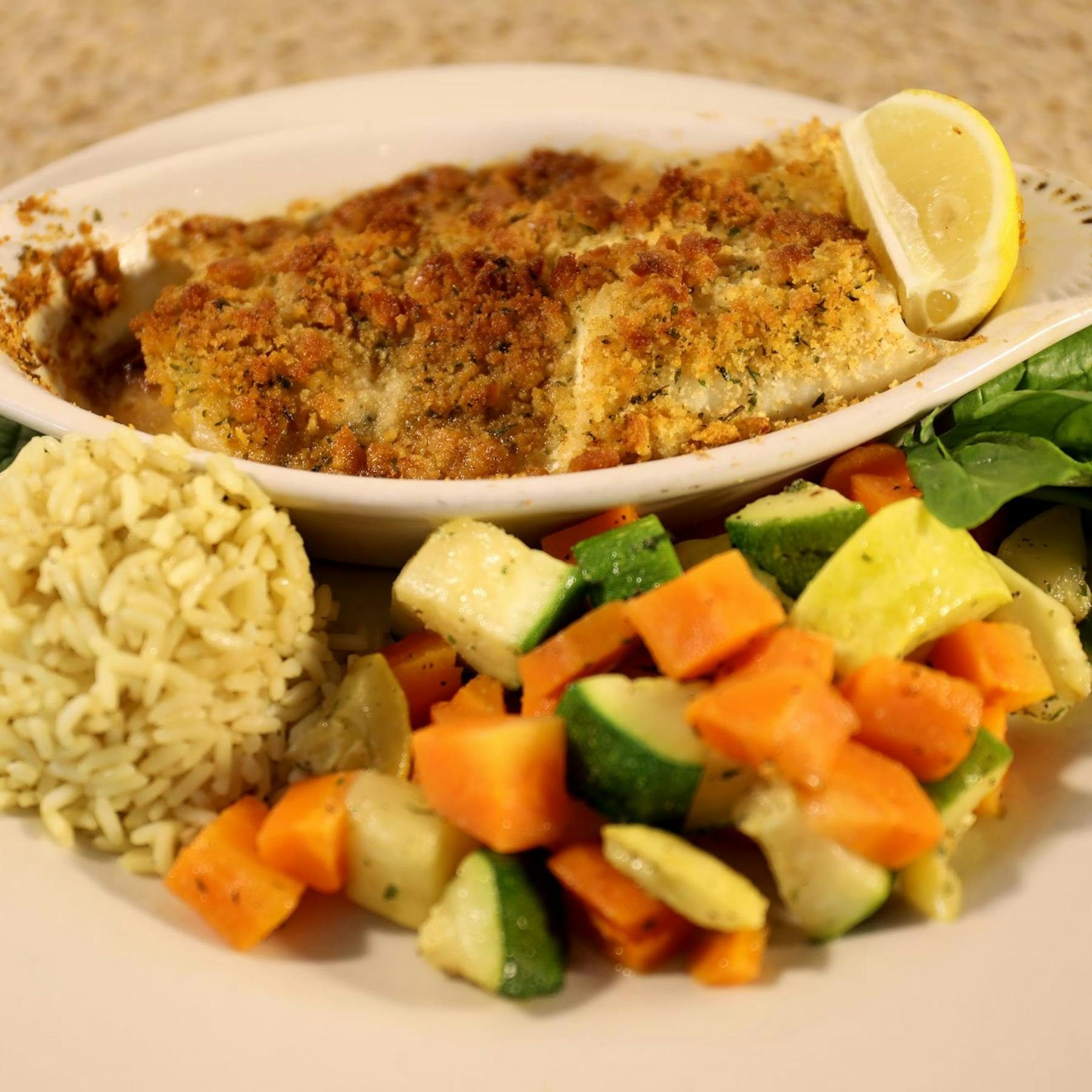 Family - Baked Haddock with Rice and Vegetables.