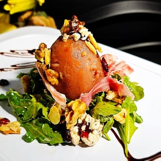 Organic Wine Poach Pear with Prosciutto & Goat Cheese