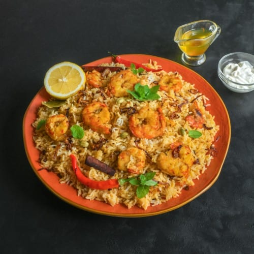 Hyderabdi Shrimp Biryani.