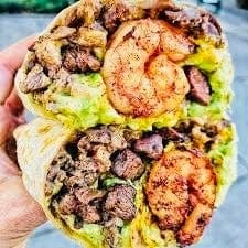 Mar Y Tierra (Steak & Shrimp) Burrito Grande.