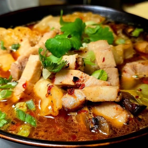 Pork Belly Hot & Sour Dumpling Soup.
