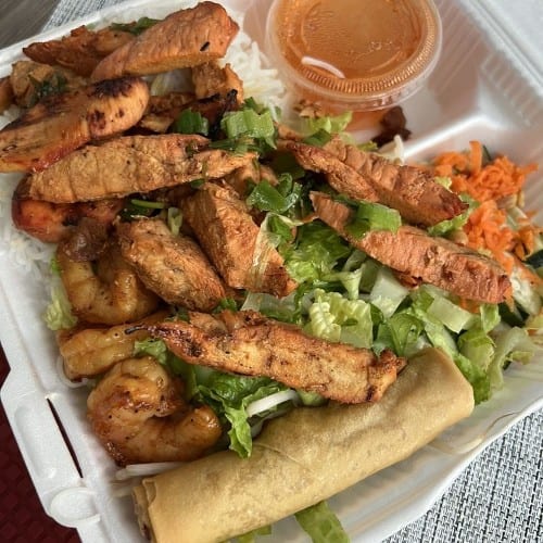 71. Bun Tom Ga Nuong Cha Gio / Grilled Shrimps, Chicken, & Egg Rolls with Rice Vermicelli.