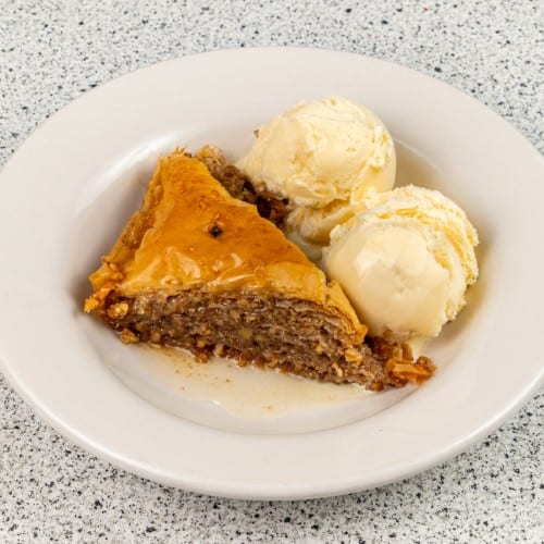 Homemade Baklava and Vanilla Ice Cream.