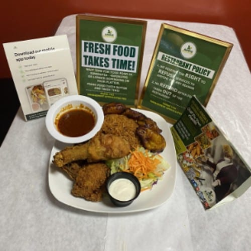 Jollof rice w/ chicken or fish & plantains.