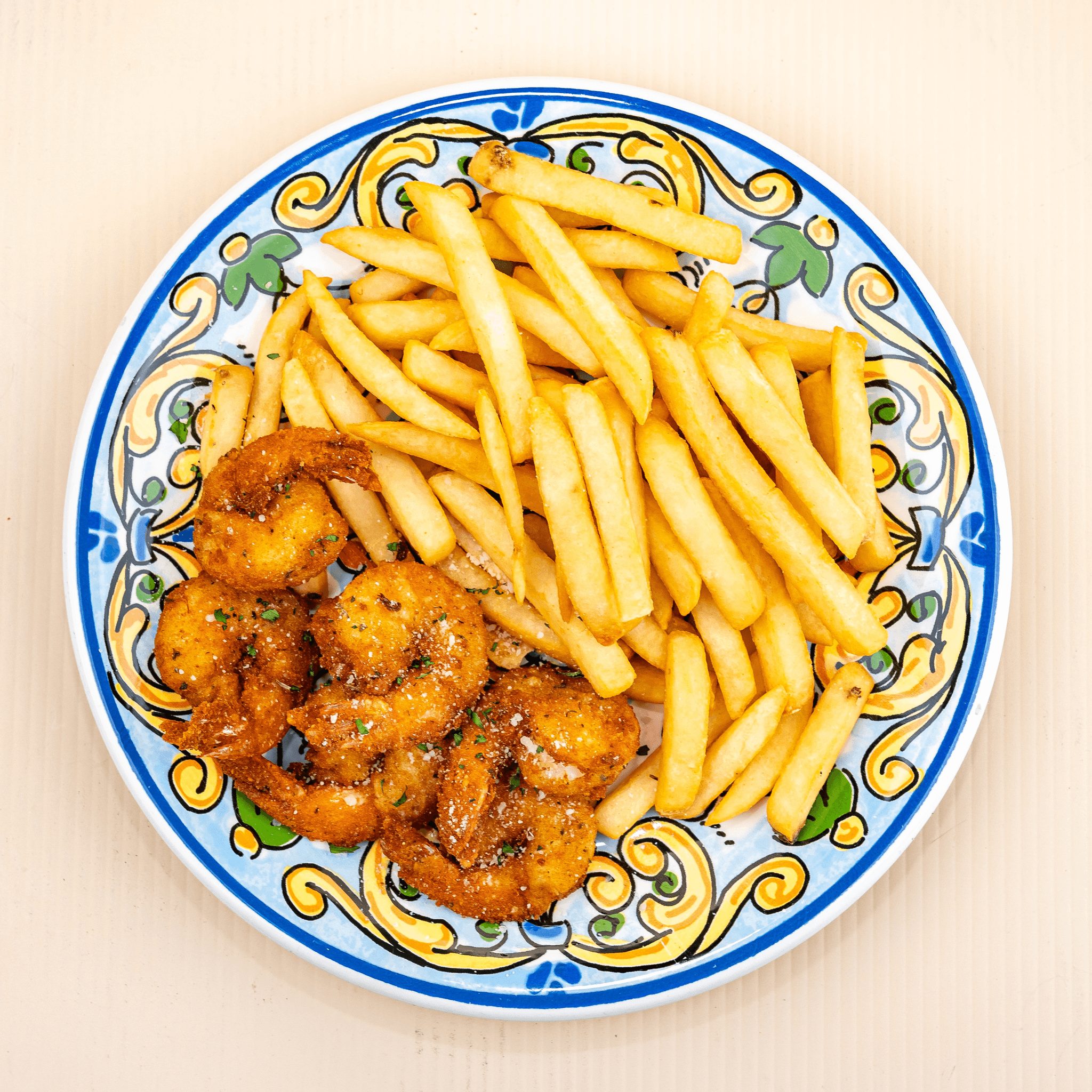 Fried Shrimp with French Fries.