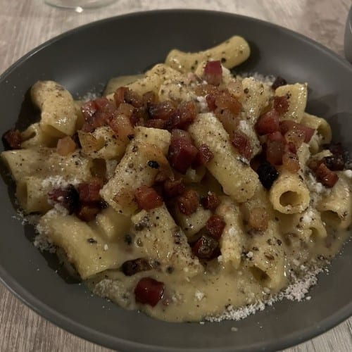 Rigatoni Carbonara with Truffle Cream.