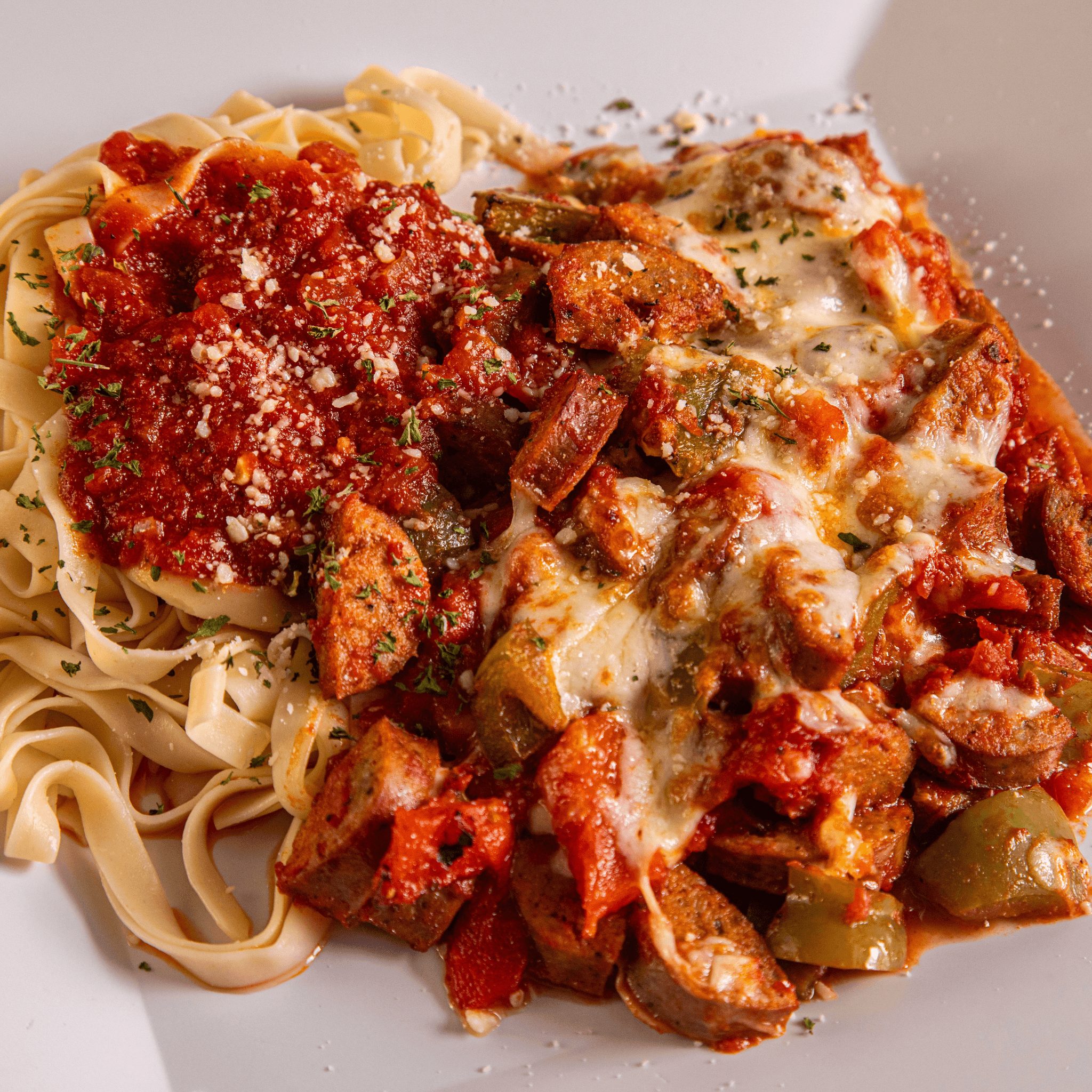 Sausage & Peppers Parmigiana Lunch.