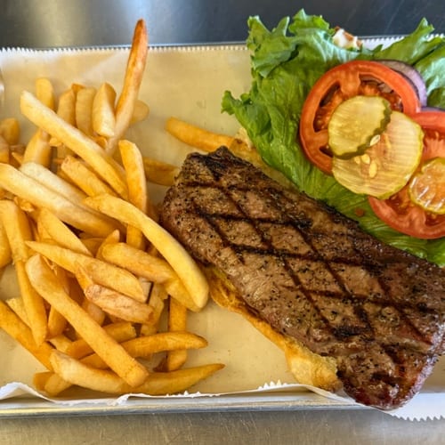 Steak Burger with Choice of Side.