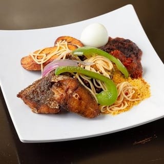Waakye + Goat & Fried Fish Stew