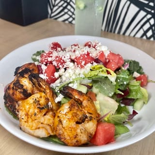 Watermelon Salad pictured with grilled shrimp