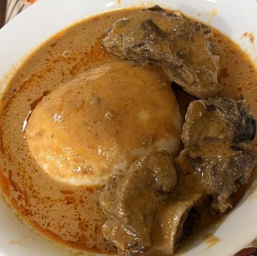 Rice Ball w/ Peanut Butter soup with your choice of fish or meat.