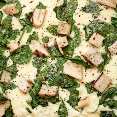 Spinach Alfredo Chicken Pizza.