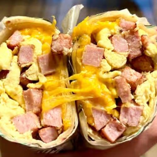 Eggs, Ham & Cheese Breakfast Burrito.