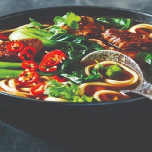 Spicy Beef Udon or Ramen Noodle Soup.