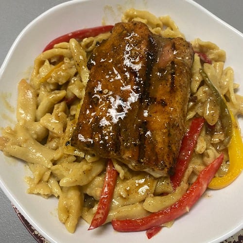 Jerk Rasta Pasta with Pineapple Jerk Salmon.