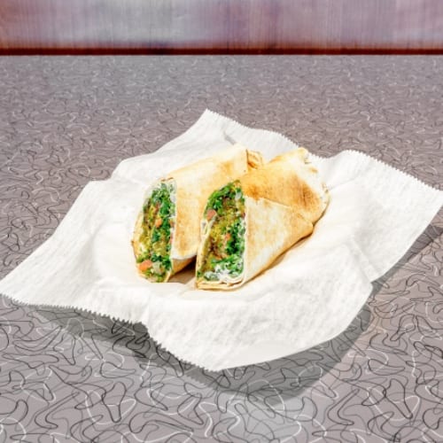 Falafel, Hummus, Tabouli Sandwich.