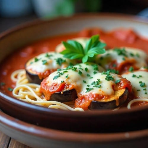 Spaghetti or Ziti with Sauce and Eggplant Parmesan.
