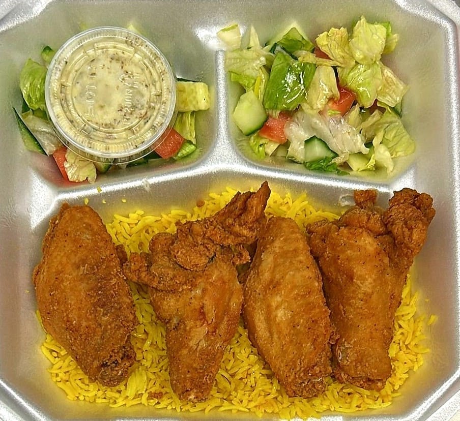 Halal Chicken Wings with Rice & Salad with Soda.