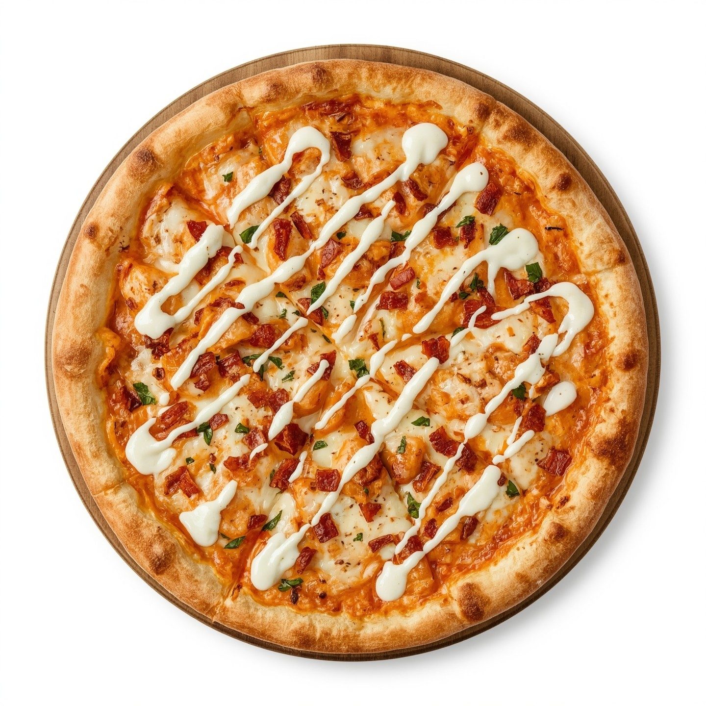 Buffalo Chicken Bacon Ranch Pizza.