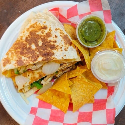 1 Chicken Quesadilla rice and beans.