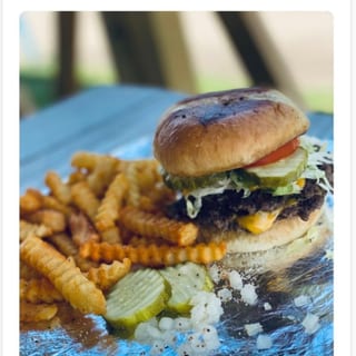 Old Lady Burger and fries