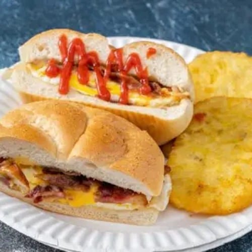 Bacon, Sausage, or Ham, Egg and Cheese Sandwich.