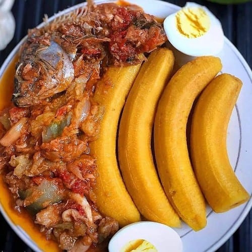 Ampesi  COOKED (Plantain) W/ Palava Sauces.