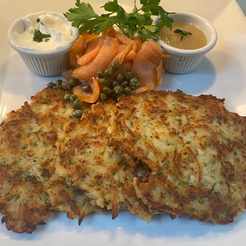 Smoked Salmon with Potato Pancakes.