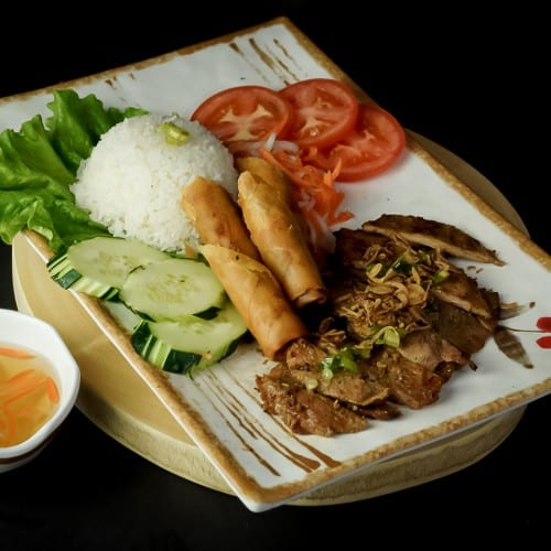 8C Grilled Pork & Egg Rolls with Rice.