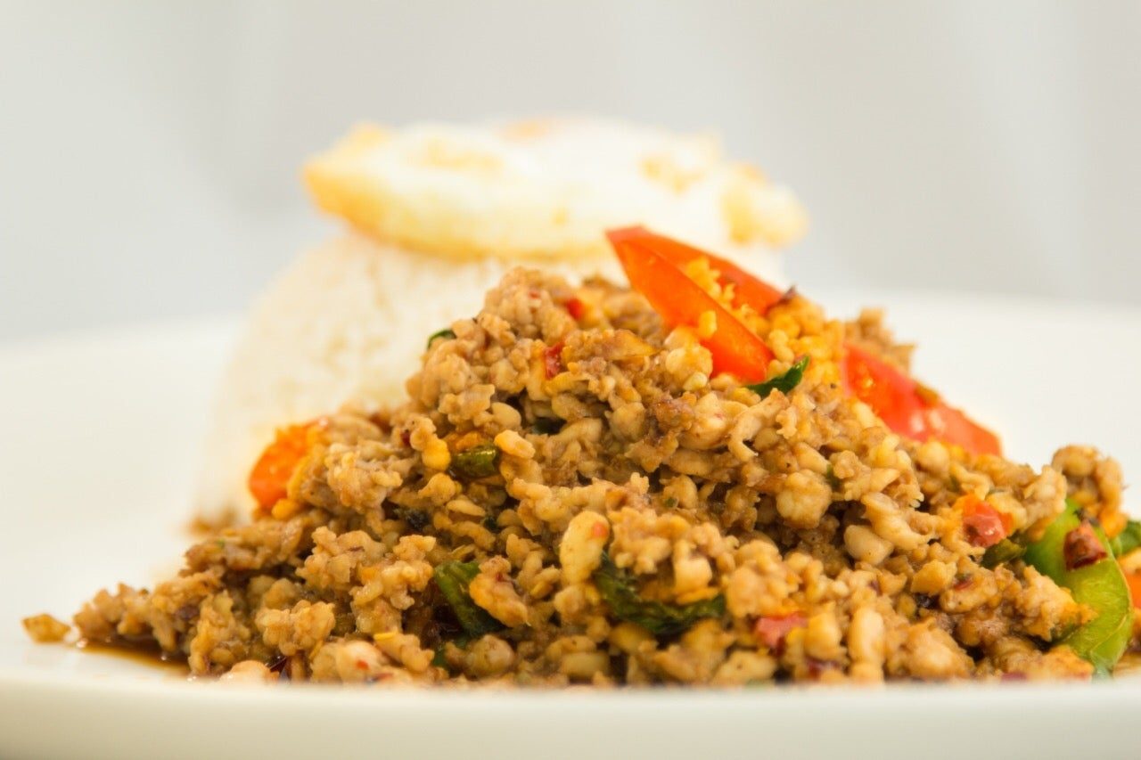 Ka Pow Chicken Over Rice.