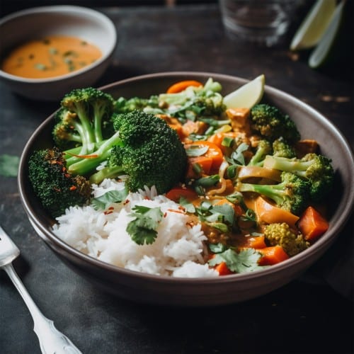 V3. Stir fry Broccoli & Tofu over Rice (Com Tofu Bong Cai Xao).