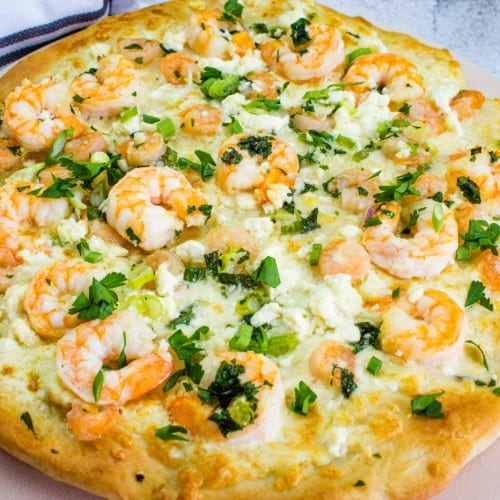 Lemon Garlic Shrimp Pizza.