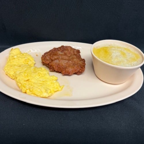 Dough Burger Patty and Eggs Plate.